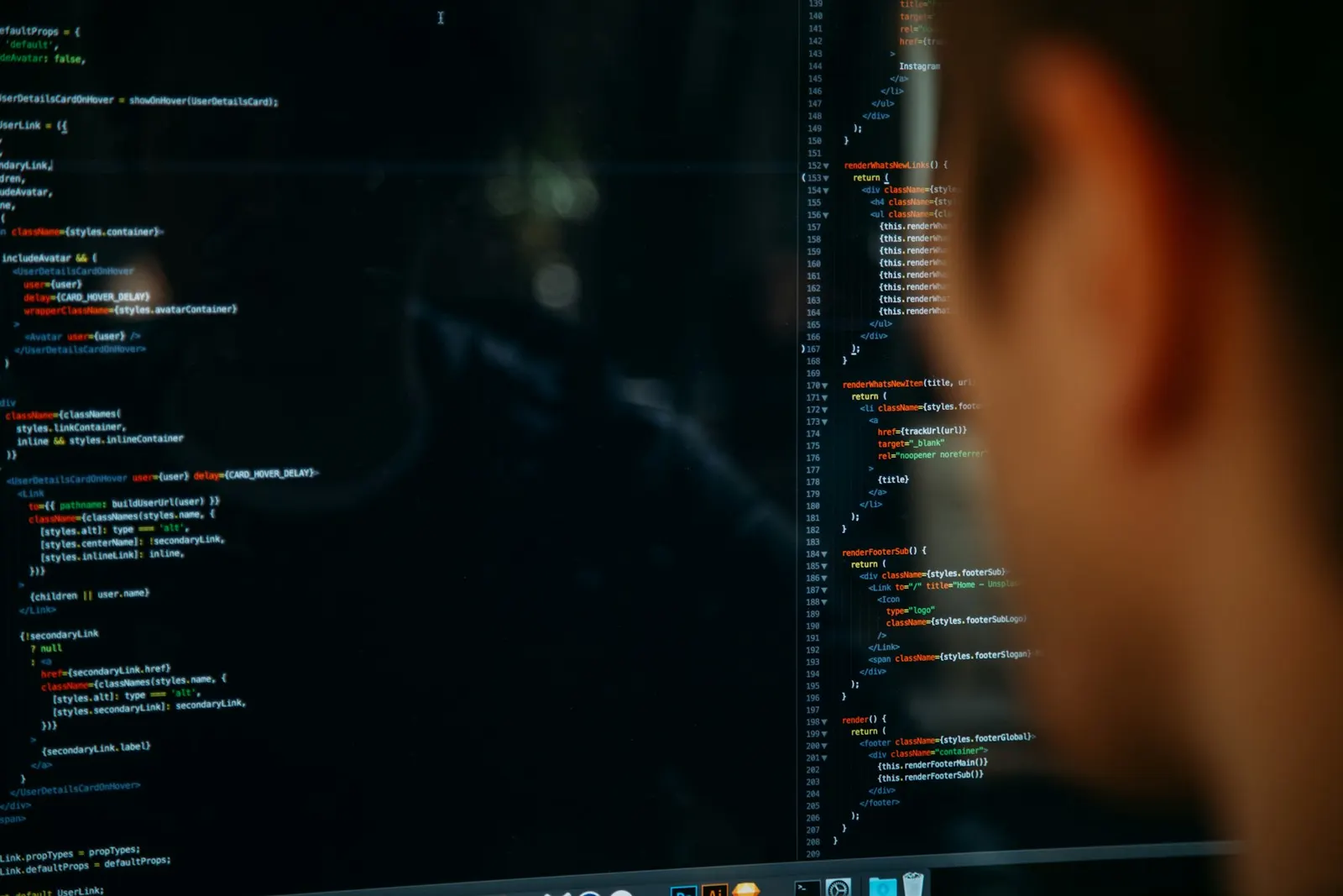 Pantalla con código de un producto en desarrollo, en primer plano y con foco selectivo